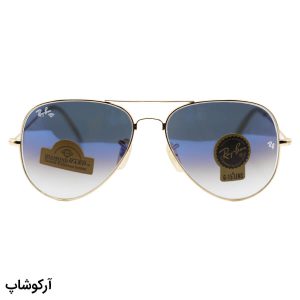 عکس از عینک آفتابی Ray-Ban با فریم خلبانی، رنگ طلایی، لنز شیشه، رنگ آبی، آینه‌ای و سایه روشن مدل RB3026