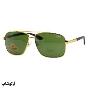 عکس از عینک آفتابی کارتیه با فریم خلبانی، رنگ طلایی، دسته چوبی و لنز سنگ و سبز تیره مدل 128-S62