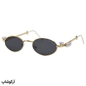 عکس از عینک آفتابی زنانه با فریم بیضی، طلایی رنگ، نگین دار و عدسی دودی تیره Chanel مدل 30678