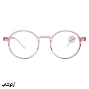 عکس از عینک با فریم گرد و دایره‌ای، رنگ صورتی و عدسی بی‌رنگ و از جنس پلی کربنات (بلوکات) مدل 20351