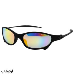 عکس از عینک آفتابی اوکلی با فریم مشکی مات، بیس دار، شکی بیضی و لنز جیوه‌ای و چند رنگ مدل W2236
