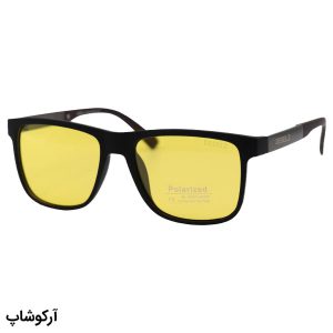 عکس از عینک شب دیزل با فریم مربعی، مشکی مات، دسته چوبی، رنگ قهوه‌ای و لنز پلاریزه و زرد رنگ مدل P5310