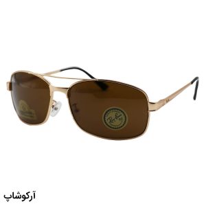 عکس از عینک آفتابی Ray-Ban با فریم طلایی مات، شکل بیضی و لنز قهوه‌ای تیره و از جنس سنگ مدل 3317