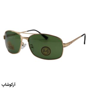 عکس از عینک آفتابی Ray-Ban با فریم طلایی مات، شکل خلبانی و لنز سبز تیره و از جنس شیشه مدل RB3317