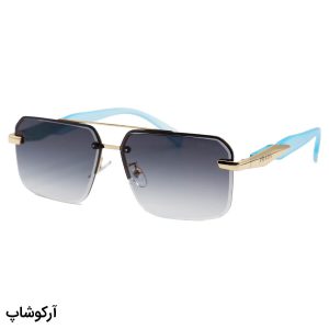 عکس از عینک آفتابی PRADA مستطیلی با فریم مخفی، رنگ طلایی، دسته آبی و لنز بنفش سایه روشن مدل WH4054