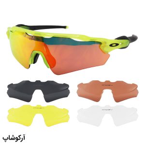 عکس از عینک ورزشی اوکلی با فریم سبز فسفری، 5 کاور لنز قابل تعویض و تجهیزات کامل مدل OO9275-07