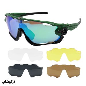 عکس از عینک ورزشی اوکلی با فریم سبز رنگ، 5 کاور لنز قابل تعویض و تجهیزات کامل مدل OO9290-YW25