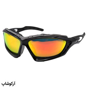عکس از عینک ورزشی OAKLEY با فریم مشکی رنگ، بیس‌دار و لنز آینه‌ای و جیوه‌ای رنگ قرمز مدل 5347