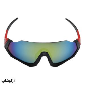 عکس از عینک ورزشی اوکلی با فریم مشکی رنگ، دسته قرمز رنگ و لنز آینه‌ای چند رنگ مدل 9317