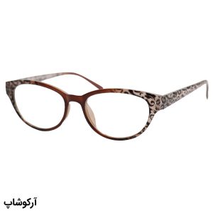 عکس از عینک مطالعه زنانه نزدیک بین با فریم بیضی، رنگ قهوه‌ای و طرح دار و لولا فنری مدل Y18132