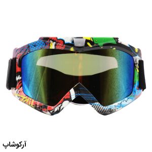 عکس از عینک موتور سواری با لنز آینه ای، فریم چند رنگ و بند کشی مشکی رنگ مدل 992818