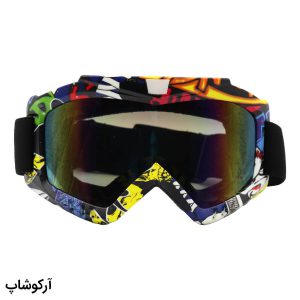 عکس از عینک موتور سواری با لنز آینه ای، فریم چند رنگ و بند کشی مشکی رنگ مدل 992819