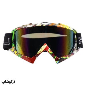 عکس از عینک موتور سواری با لنز آینه ای، فریم چند رنگ و بند کشی مشکی رنگ مدل 992820