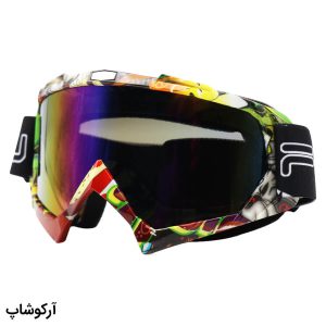عکس از عینک موتور سواری با لنز آینه ای، فریم چند رنگ و بند کشی مشکی رنگ مدل 992820