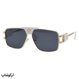 عکس از عینک آفتابی ورساچه با فریم طلایی و سفید رنگ، شکل چند ضلعی و لنز دودی تیره مدل 22206