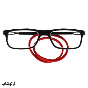 عکس از عینک مطالعه مگنتی نزدیک‌بین با فریم مشکی، شکل مستطیلی و بند قرمز مدل AM34003