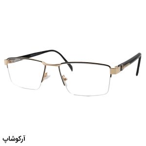 عکس از عینک طبی نیم فریم Prada با فریم مشکی و طلایی، شکل مستطیلی، دسته مشکی و لولا فنردار مدل 5215