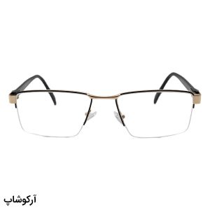 عکس از عینک طبی نیم فریم Prada با فریم مشکی و طلایی، شکل مستطیلی، دسته مشکی و لولا فنردار مدل 5215