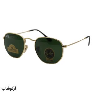 عکس از عینک آفتابی Ray-Ban با فریم رنگ طلایی، شکل چندضلعی و لنز سبز تیره و جنس سنگ مدل RB3548