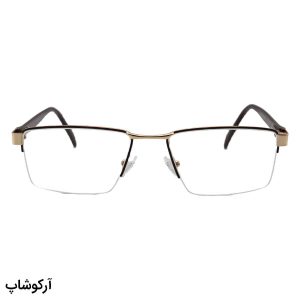 عکس از عینک طبی نیم فریم پرادا با فریم طلایی، شکل مستطیلی، جنس فلزی، دسته قهوه‌ای و لولا فنردار مدل 5215