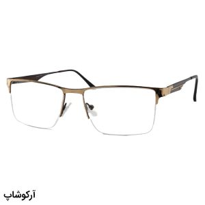 عکس از عینک طبی نیم فریم Cartier با فریم طلایی رنگ، مستطیلی شکل و دسته مسی و قهوه‌ای و لولا فنری مدل 62493
