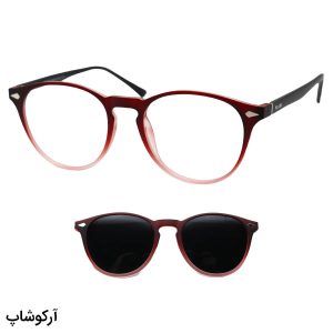 عکس از عینک طبی با فریم کائوچو، رنگ قرمز و مشکی، شکل گرد و تک کاره و پلاریزه PRADA مدل 7702