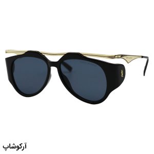 عکس از عینک آفتابی فانتزی YSL با فریم خلبانی شکل، رنگ مشکی و طلایی، بغل دار و لنز دودی تیره مدل 8043