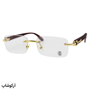 عکس از عینک طبی Cartier فریم لس با پل بینی طلایی، دسته چوبی (واقعی) رنگ قهوه‌ای و لولا فنردار مدل 81339145