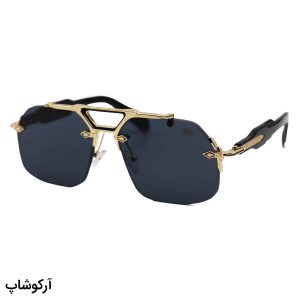 عکس از عینک آفتابی میباخ فریملس، با فریم طلایی، شکل چندضلعی، دسته مشکی و لنز دودی تیره مدل ZS98212