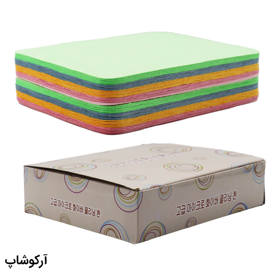 Microfiber-Eyewear-Cloth-Model-992879-1 عکس از بسته 100 عددی دستمال عینک از جنس میکروفایبر و با ترکیب رنگ آبی، سبز، زرد و صورتی مدل 992879