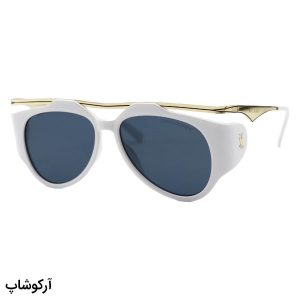 عکس از عینک آفتابی فانتزی YSL با فریم خلبانی شکل، رنگ سفید و طلایی، بغل دار و لنز دودی تیره مدل 8043