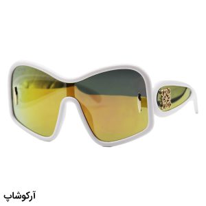 عکس از عینک آفتابی فانتزی LOEWE با فریم رنگ سفید، اور سایز، دسته پهن و لنز آینه‌ای و رنگ طلایی مدل 5000