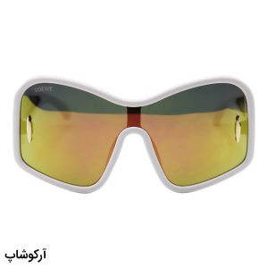عکس از عینک آفتابی فانتزی LOEWE با فریم رنگ سفید، اور سایز، دسته پهن و لنز آینه‌ای و رنگ طلایی مدل 5000