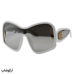 عکس از عینک آفتابی فانتزی LOEWE با فریم رنگ سفید، اور سایز، دسته پهن و لنز آینه‌ای و رنگ نقره‌ای مدل 5000