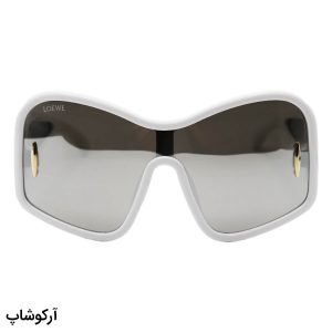 عکس از عینک آفتابی فانتزی LOEWE با فریم رنگ سفید، اور سایز، دسته پهن و لنز آینه‌ای و رنگ نقره‌ای مدل 5000