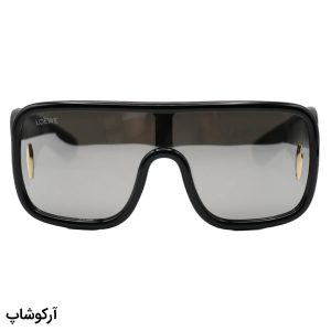 عکس از عینک آفتابی فانتزی LOEWE با فریم مربعی، اور سایز، رنگ مشکی و لنز آینه‌ای و رنگ نقره‌ای مدل 4000