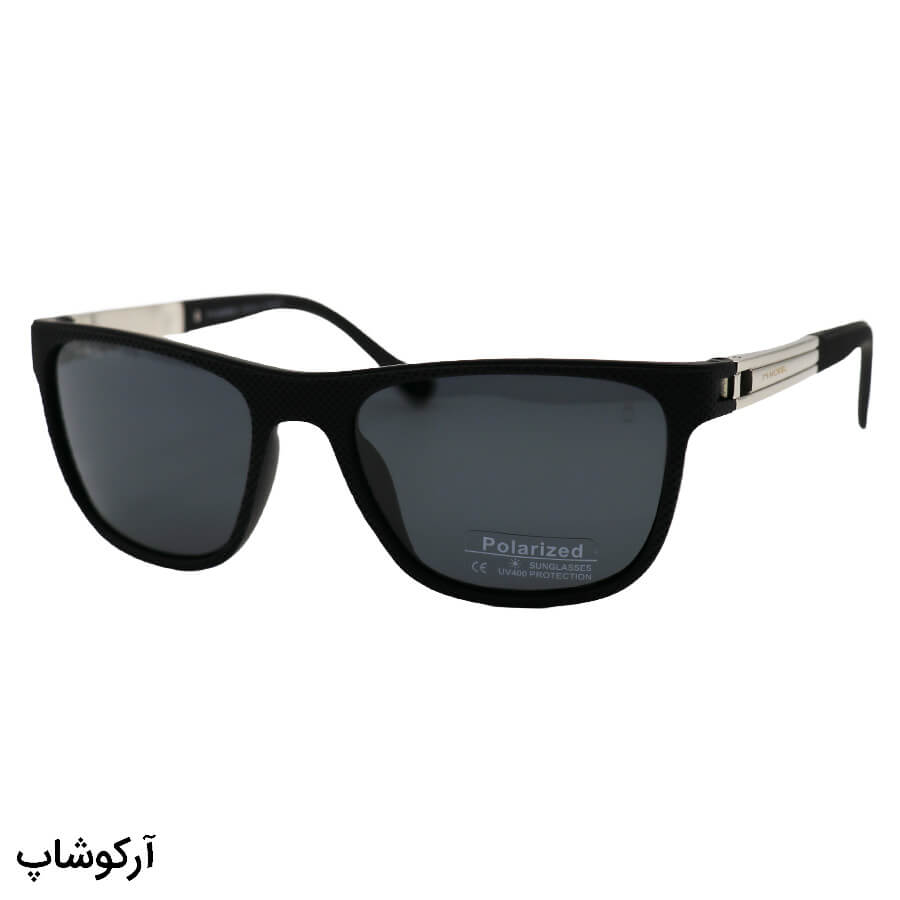 Black-Rectangular-Frame-And-Black-Silver-Spring-Handle-Dark-Polarized-Uv-Protection-Lenses-Oga-Model-Sunglasses-Model-P78027-Bs-1 عکس از عینک آفتابی oga morel با فریم مستطیلی، بیسدار، رنگ مشکی مات، دسته مشکی و نقرهای، لولا فنردار و لنز دودی و پلاریزه مدل p78027