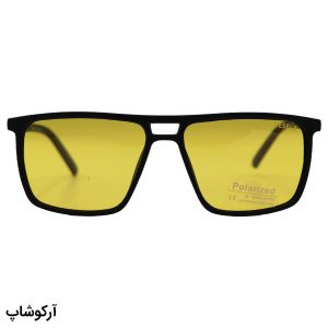 عکس از عینک دید در شب دیزل با فریم مستطیلی، رنگ مشکی مات، دسته چوبی و لنز زرد و پلاریزه مدل P5308