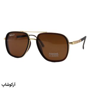 عکس از عینک آفتابی ریبن با فریم قهوه‌ای و طلایی، شکل چندضلعی، دسته فنری و لنز قهوه‌ای تیره و پلاریزه مدل P9004