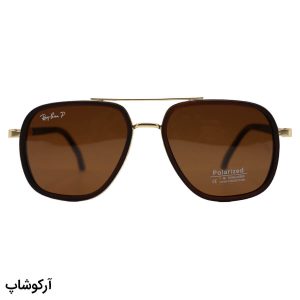 عکس از عینک آفتابی ریبن با فریم قهوه‌ای و طلایی، شکل چندضلعی، دسته فنری و لنز قهوه‌ای تیره و پلاریزه مدل P9004