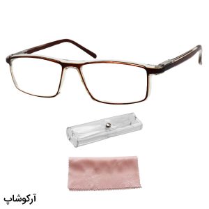 عکس از عینک مطالعه نزدیک بین با فریم مستطیلی، رنگ قهوه‌ای، لنز بلوکات و لولا فنردار مدل 69371 به همراه قاب و دستمال