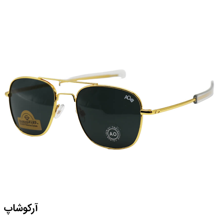 Golden-Aviator-Frame-And-Golden-Handle-And-Dark-Hard-Diamond-Uv-Protection-Lens-American-Optical-Sunglasses-Model-Cao2-Bl-1 عکس از عینک آفتابی امریکن اپتیکال با فریم طلایی رنگ، شکل خلبانی و لنز دودی تیره و جنس شیشه و سنگ مدل ao-s54
