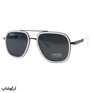 عکس از عینک آفتابی ریبن با فریم نوک مدادی و سفید، شکل چند ضلعی، دسته فنری و لنز دودی تیره و پلاریزه مدل P9004