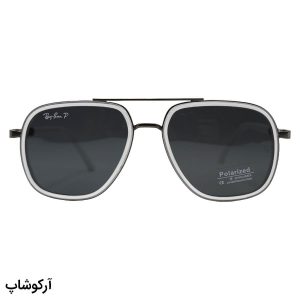 عکس از عینک آفتابی ریبن با فریم نوک مدادی و سفید، شکل چند ضلعی، دسته فنری و لنز دودی تیره و پلاریزه مدل P9004