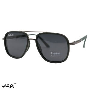 عکس از عینک آفتابی ریبن با فریم سبز و نوک مدادی، شکل چندضلعی، دسته فنری و لنز دودی تیره و پلاریزه مدل P9004