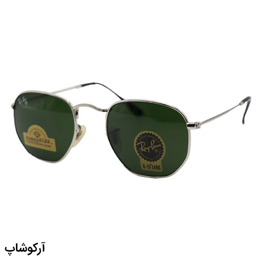 Silver-Geometric-Frame-And-Silver-Handle-And-Green-Hard-Diamond-Uv-Protection-Lenses-Ray-Ban-Sunglasses-Model-Rb3548-Sg-1 عکس از عینک آفتابی ray-ban با فریم رنگ نقرهای، شکل چندضلعی و لنز سبز تیره و جنس سنگ مدل 3548