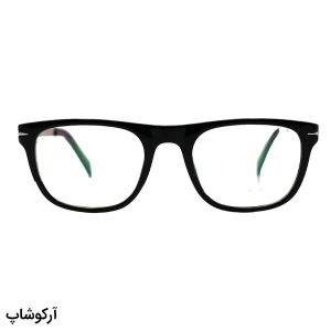 عکس از عینک طبی با فریم مستطیلی شکل، مشکی براق، دسته نقره‌ای و لولا فنری برند دیوید بکهام مدل DB1301