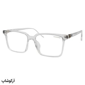عکس از عینک طبی میو میو با فریم بی‌رنگ و شفاف، مستطیلی شکل و لولای فلزی مدل 58032
