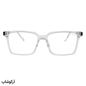 عکس از عینک طبی میو میو با فریم بی‌رنگ و شفاف، مستطیلی شکل و لولای فلزی مدل 58032