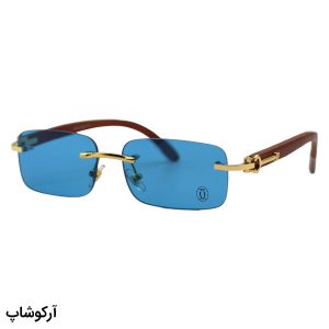 عکس از عینک آفتابی کارتیه فریم لس با پل بینی طلایی، دسته چوبی (واقعی)، رنگ قهوه‌ای، لولا فنری و لنز آبی مدل 81339145